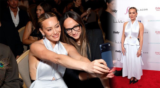 "Hilary Duff Dazzles in a Form-Fitting White Satin Dress, Showing Off Her Braless Curves at the Fashion Awards"