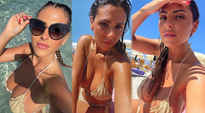 "Maddalena Cabizzosu Flaunts Her Curves in a Drenched Gold Bikini Top"