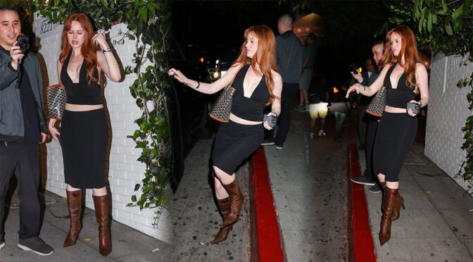 "Madelaine Petsch Dazzles in Plunging Top and Scuffed Cowboy Boots During Hollywood Evening Out"