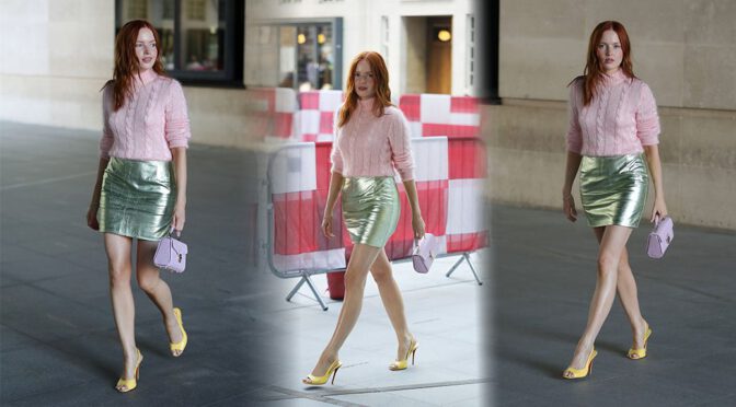 Ellie Bamber Stuns in Ultra-Short Shiny Skirt and Chic Heels on Sizzling Fashion Walk