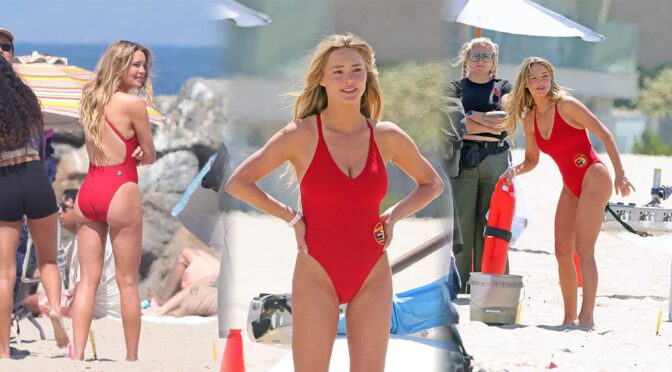 "Hassie Harrison Stuns in a Form-Fitting Red One-Piece While Filming Baywatch"