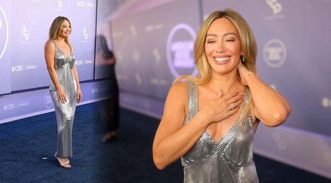Hilary Duff Dazzles in Eye-Catching Silver Metallic Dress at the American Music Awards