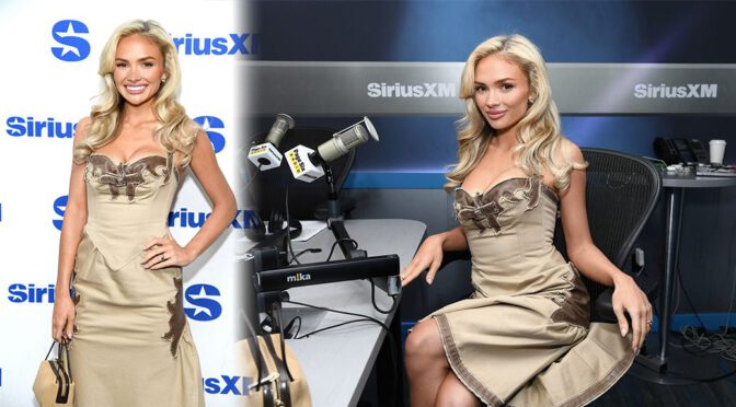 "Natalie Alyn Lind Stuns in Form-Fitting Beige Buckle Dress Showcasing Cleavage at SiriusXM Event"