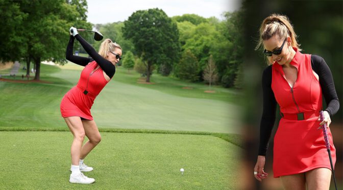 "Paige Spiranac Dazzles in Form-Fitting Red Dress While Showcasing Squats and Swings at Quail Hollow"