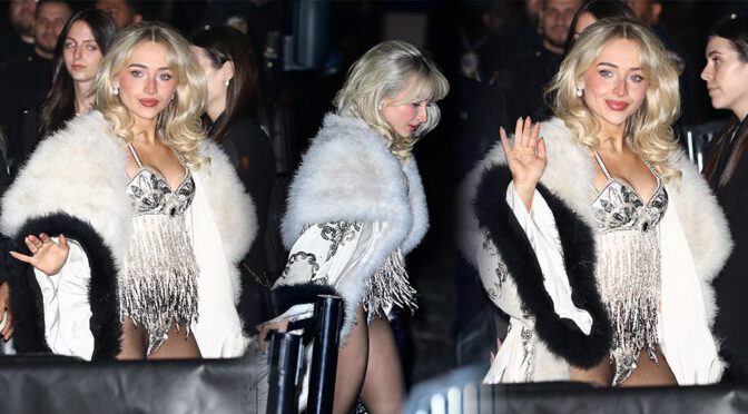 "Sabrina Carpenter Dazzles in Stunning Sparkling Bodysuit and Fur, Showcasing Her Gorgeous Curves"