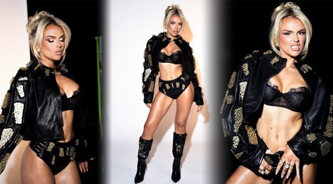 "Tallia Storm Dazzles in Lace Lingerie and Bold Leather Jacket at London Headline Performance"