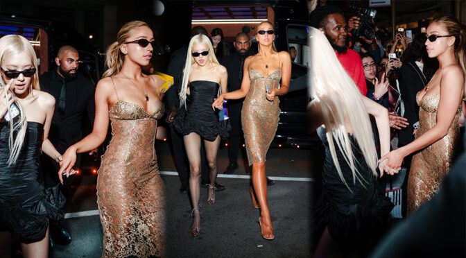 "Tate McRae Dazzles in Sheer Gold Lace Dress, Showcasing Stunning Cleavage at Saint Laurent After Party"