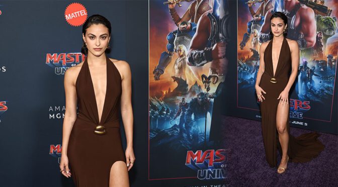 Camila Mendes Stuns in Daring Plunging Brown Halter Gown at Masters of the Universe Premiere
