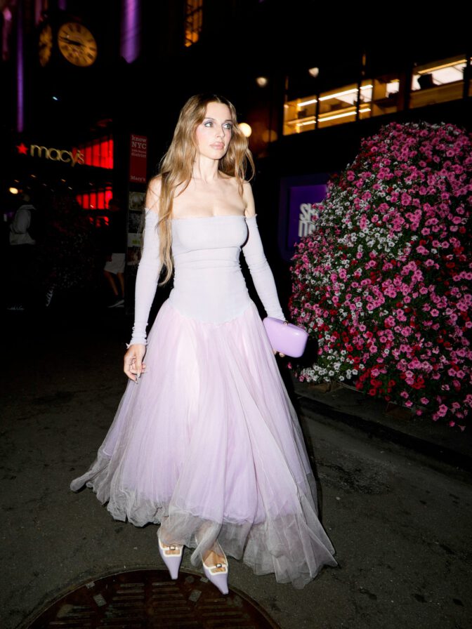 Julia Fox Bares Her Shoulders and Flaunts Her Curves in a Sheer Lavender Tulle Skirt at NYC Event