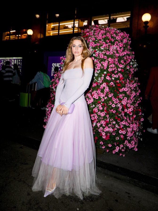Julia Fox Bares Her Shoulders and Flaunts Her Curves in a Sheer Lavender Tulle Skirt at NYC Event