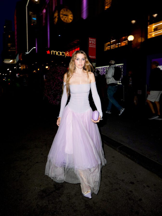 Julia Fox Bares Her Shoulders and Flaunts Her Curves in a Sheer Lavender Tulle Skirt at NYC Event