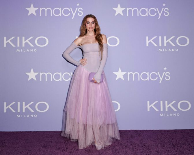 Julia Fox Bares Her Shoulders and Flaunts Her Curves in a Sheer Lavender Tulle Skirt at NYC Event