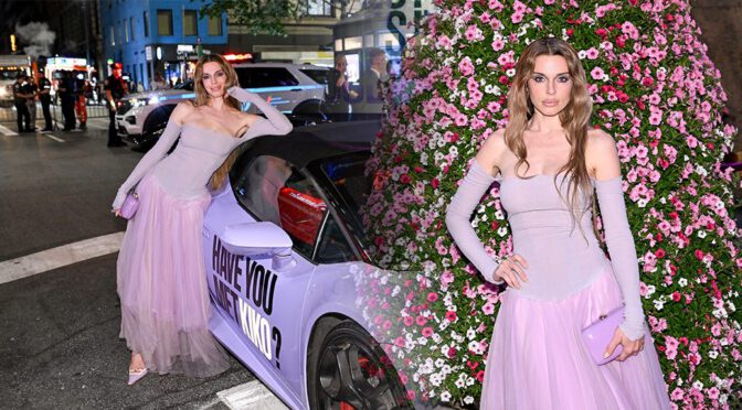 Julia Fox Bares Her Shoulders and Flaunts Her Curves in a Sheer Lavender Tulle Skirt at NYC Event