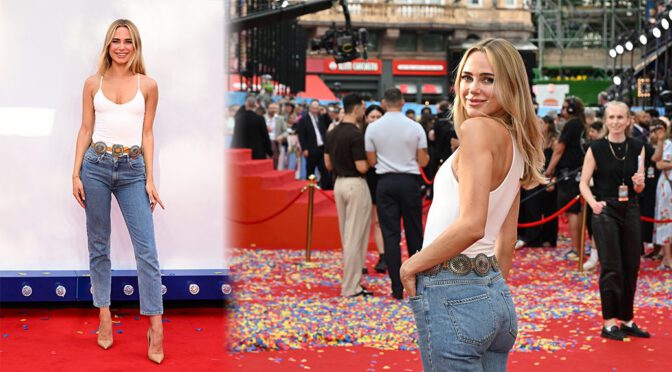 Kimberley Garner Turns Heads in Form-Fitting Jeans and Sleek White Bodysuit at London Premiere