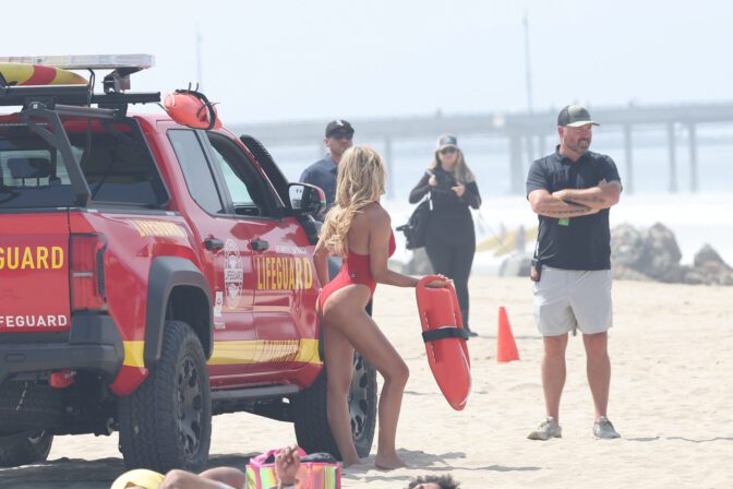 Brooks Nader Sizzles In Jaw-Dropping Red Swimsuit Exposing Her Voluptuous Boobs And Toned Ass On Baywatch Set