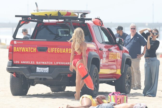 Brooks Nader Sizzles In Jaw-Dropping Red Swimsuit Exposing Her Voluptuous Boobs And Toned Ass On Baywatch Set