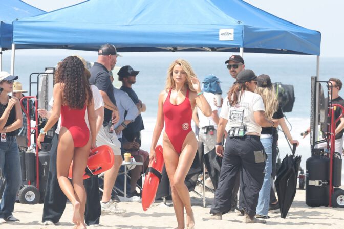 Brooks Nader Sizzles In Jaw-Dropping Red Swimsuit Exposing Her Voluptuous Boobs And Toned Ass On Baywatch Set