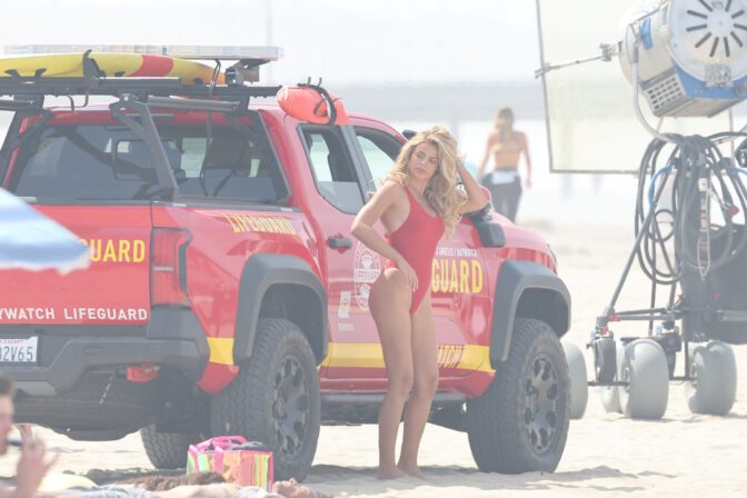 Brooks Nader Sizzles In Jaw-Dropping Red Swimsuit Exposing Her Voluptuous Boobs And Toned Ass On Baywatch Set