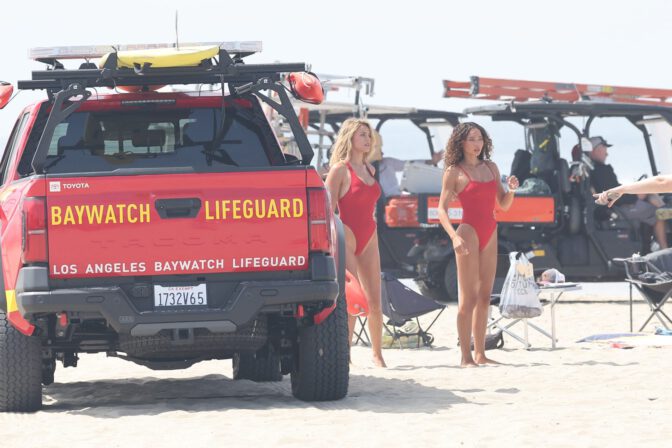 Brooks Nader Sizzles In Jaw-Dropping Red Swimsuit Exposing Her Voluptuous Boobs And Toned Ass On Baywatch Set