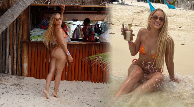 Jasmine Sanders Sizzles in Mexico with Jaw-Dropping Orange Thong Bikini Showcase of Her Voluptuous Booty and Sultry Curves