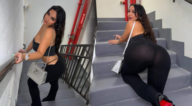 Stella Hudgens Shows Off Her Voluptuous Booty in Raunchy See-Through Leggings While Climbing the Stairs