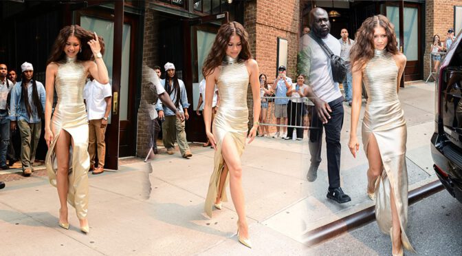Zendaya Goes Gold in NYC: Star Flaunts Her Unreal Legs in Sexy High Slit Gown