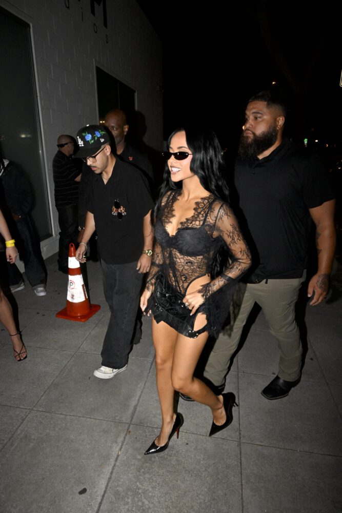 Becky G Slays in Sexy Sheer Lace Bodysuit and Micro Leather Skirt, Flaunting Bold Cleavage at Album Party