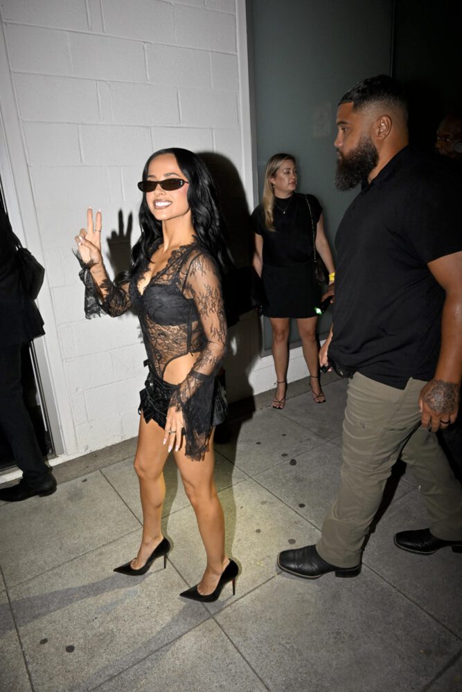 Becky G Slays in Sexy Sheer Lace Bodysuit and Micro Leather Skirt, Flaunting Bold Cleavage at Album Party