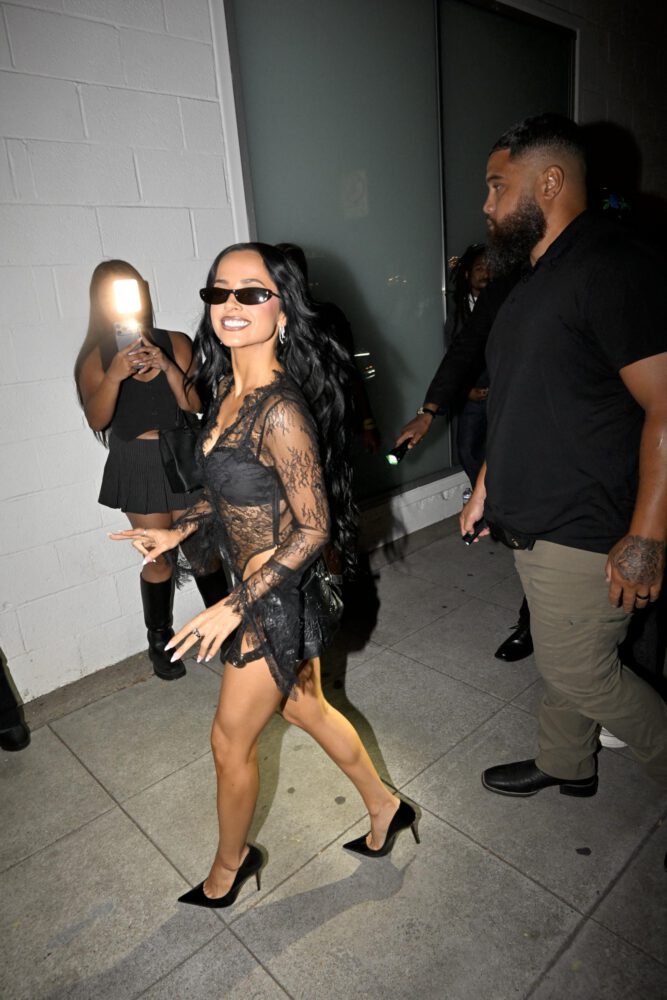 Becky G Slays in Sexy Sheer Lace Bodysuit and Micro Leather Skirt, Flaunting Bold Cleavage at Album Party