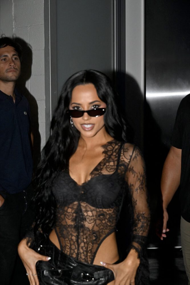 Becky G Slays in Sexy Sheer Lace Bodysuit and Micro Leather Skirt, Flaunting Bold Cleavage at Album Party