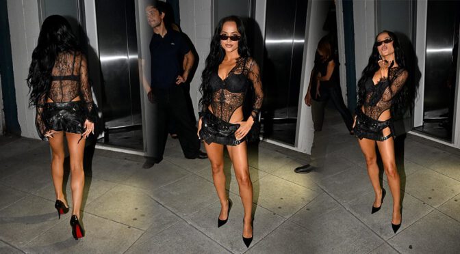 Becky G Slays in Sexy Sheer Lace Bodysuit and Micro Leather Skirt, Flaunting Bold Cleavage at Album Party
