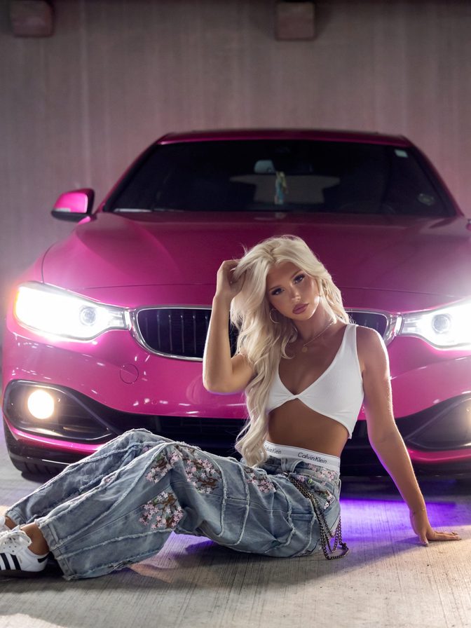 Brooklyn Riley Flaunts Sexy Tits in a White Crop Top, Patchwork Denim and Pink BMW